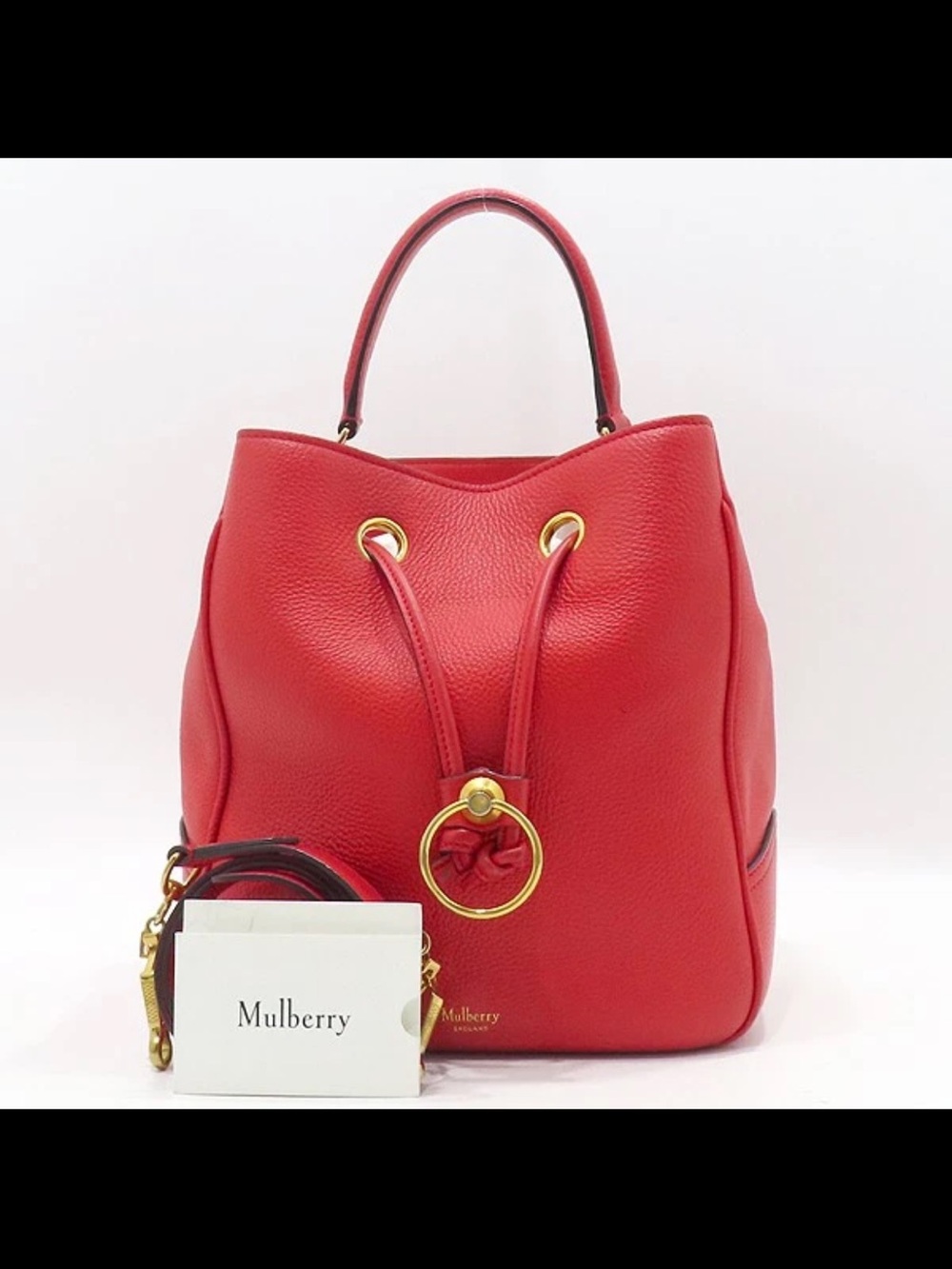 Mulberry Red Pebbled Leather Drawstring Bucket Tote